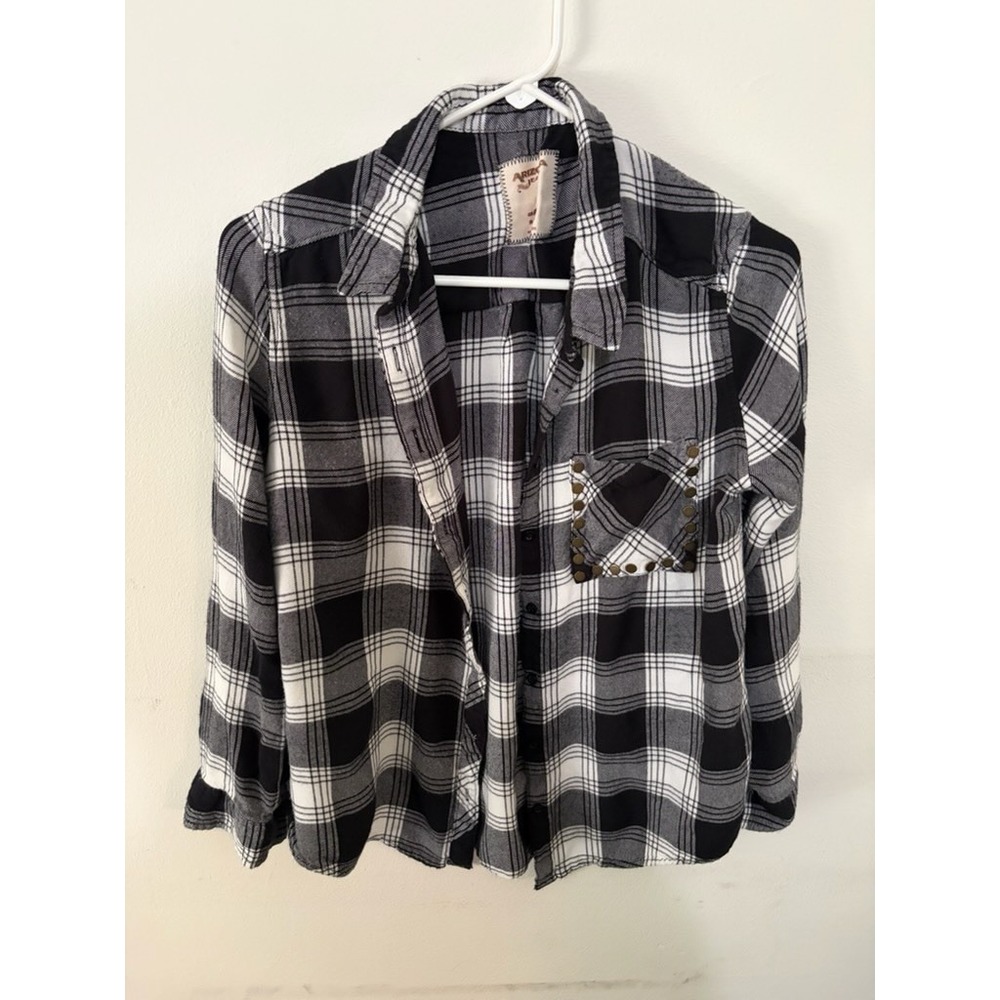 Arizona jeans Cotton Size L black and white plaid stud pocket long sleeve